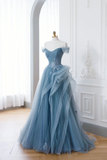 Dusty Blue Tulle Floor Length Prom Dresses, Blue Off the Shoulder Removable Sleeve Evening Dress KPP1779
