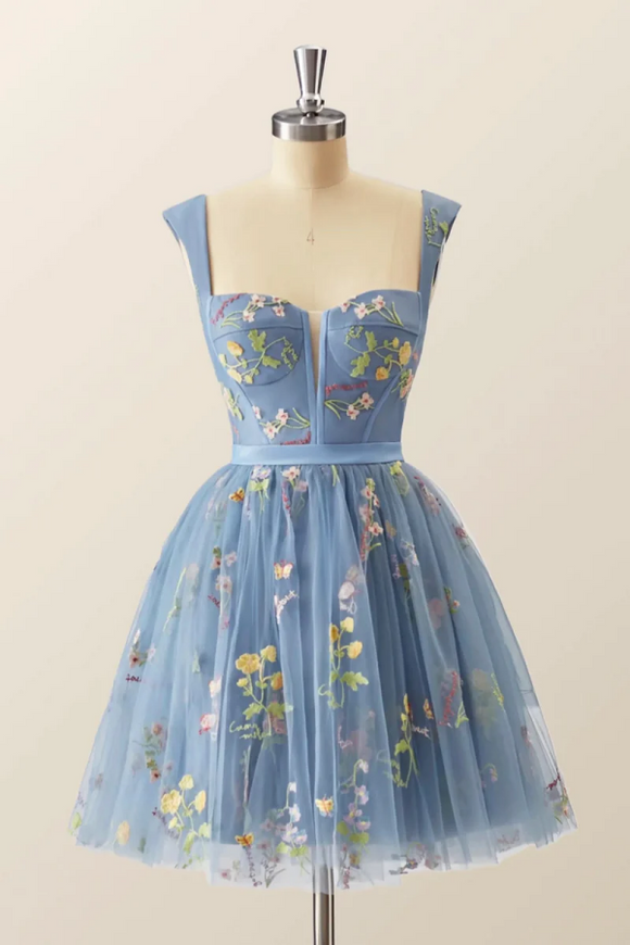 Blue Knee Length Tulle Party Dress, Cute Blue Floral Tulle Homecoming Dress KPH0714