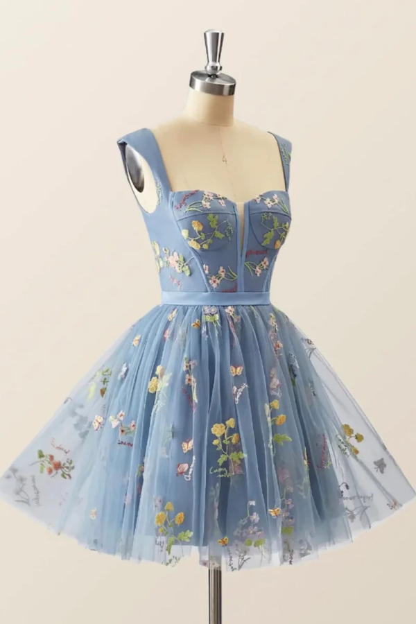 Blue Knee Length Tulle Party Dress, Cute Blue Floral Tulle Homecoming   kateprom