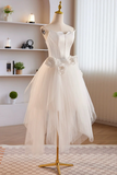 Unique White Strapless Irregular Tulle Short Prom Dress, White Party Dress KPH0715