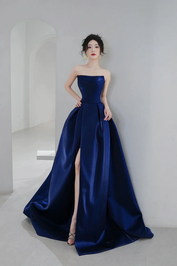 Blue Satin Long A Line Prom Dress, Simple Blue Evening Dress Formal Dress KPP1780
