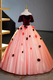 Elegant Velvet Tulle Long Formal Dress, Burgundy Off the Shoulder Sweet Flower Party Dress KPP1781