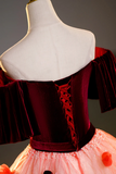Elegant Velvet Tulle Long Formal Dress, Burgundy Off the Shoulder Sweet Flower Party Dress KPP1781