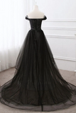 Cheap A Line Black Off The Shoulder Simple Tulle Prom Dress Long Evening Dress KPP1782
