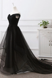 Cheap A Line Black Off The Shoulder Simple Tulle Prom Dress Long Evening Dress KPP1782