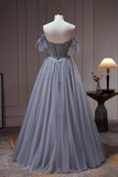 Chic Dusty Blue Beading Off The Shoulder A Line Tulle Long Prom Dresses KPP1783
