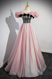 Beautiful Shiny Tulle Long A Line Pink Corset Prom Dress, Off the Shoulder Evening Party Dress KPP1785