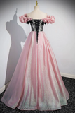 Beautiful Shiny Tulle Long A Line Pink Corset Prom Dress, Off the Shoulder Evening Party Dress KPP1785