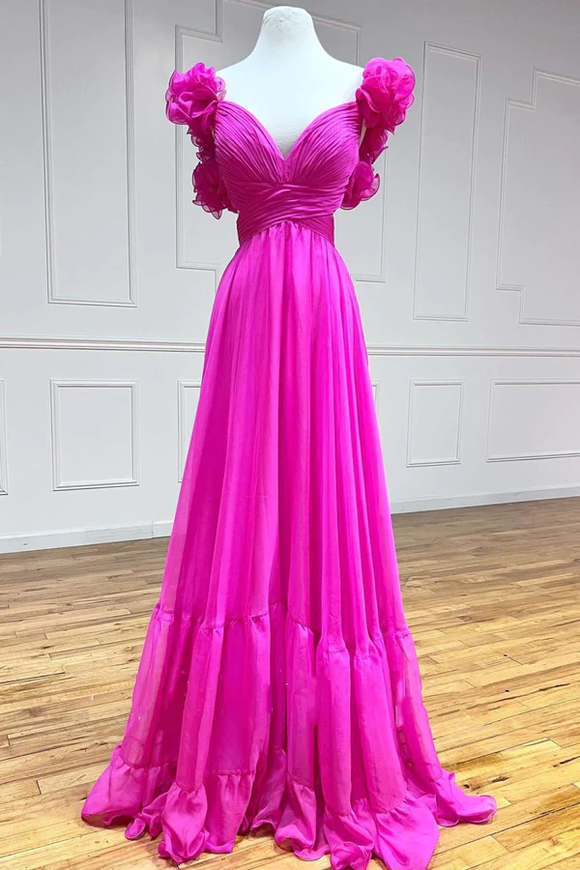 Hot Pink Ruffles Lace Up Back A Line Prom Dress, Formal Evening Dresses KPP1786