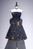 Dark Blue A Line Sequin Lace Short Prom Dress, Blue Homecoming Dress KPH0716