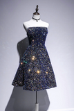 Dark Blue A Line Sequin Lace Short Prom Dress, Blue Homecoming Dress KPH0716