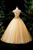 Gold Floor Length Tulle Beading Formal Dress, Lovely Off the Shoulder Evening Party Dress KPP1787