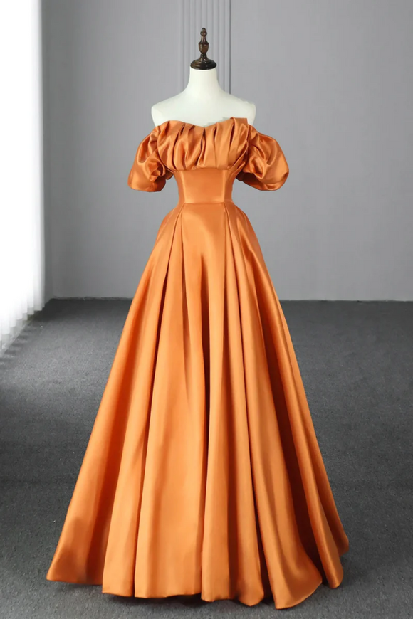 Orange Satin A Line Floor Length Prom Dress, Off the Shoulder Evening Party Dress KPP1788