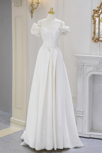 A Line Off Shoulder Satin ivory Long Prom Dress, Ivory Long Bridesmaid Dress KPP1789