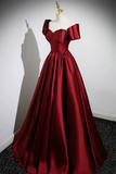 A Line Burgundy Satin Floor Length Prom Dress, Off the Shoulder New Party Dress KPP1790