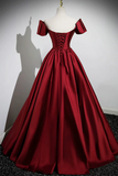 A Line Burgundy Satin Floor Length Prom Dress, Off the Shoulder New Party Dress KPP1790