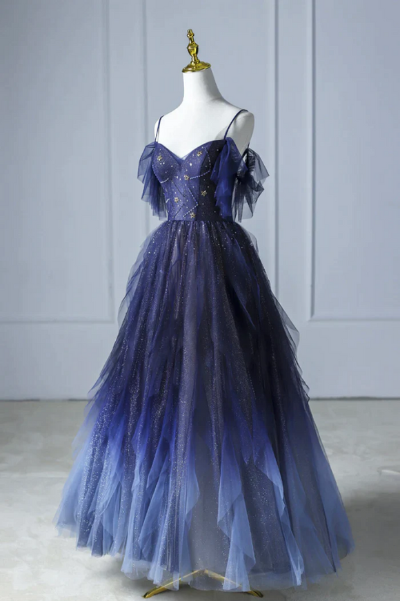 Blue Gradient Tulle Long Prom Dress, Beautiful Spaghetti Strap Evening Dress KPP1792