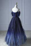 Blue Gradient Tulle Long Prom Dress, Beautiful Spaghetti Strap Evening Dress KPP1792