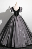 A Line Puff Sleeves Black Long Prom Dress, Black Sweet 16 Dress KPP1793