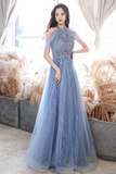 A Line Off Shoulder Tulle Blue Long Prom Dress, Blue Lace Long Formal Dress KPP1795
