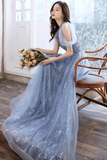 A Line Off Shoulder Tulle Blue Long Prom Dress, Blue Lace Long Formal Dress KPP1795