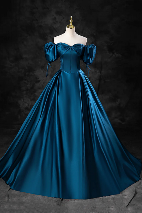 Blue Off the Shoulder Satin Floor Length Prom Dress with Corset, Blue Evening Party Dress KPP1796