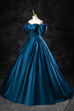 Blue Off the Shoulder Satin Floor Length Prom Dress with Corset, Blue Evening Party Dress KPP1796