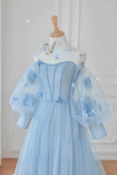 Cute Light Blue Long Sleeves Elegant Princess Dresses Prom Dresses KPP1797