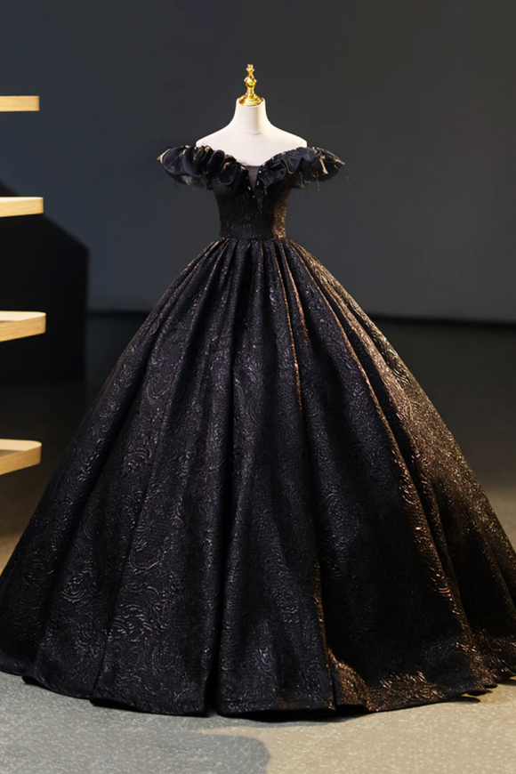 Black Floor Length V Neck Off the Shoulder Formal Dress, Black A Line Evening Dress KPP1799