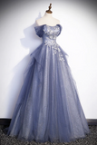 Dusty Blue Off the Shoulder Lace Long Prom Dress, A Line Shiny Tulle Evening Dress KPP1800