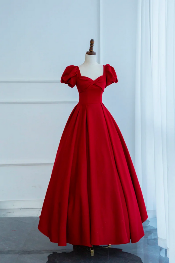 Dark Red Short Sleeve Long Prom Dress, Beautiful A Line Evening Party Dress KPP1802