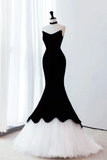 Black/White Velvet Mermaid Long Prom Dress, Black Formal Evening Dress KPP1803