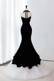Black/White Velvet Mermaid Long Prom Dress, Black Formal Evening Dress KPP1803