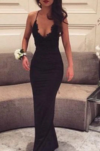 Sexy Black Lace Spaghetti Straps V Neck Sleeveless Mermaid Prom Dress KPP1804