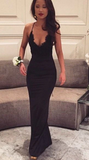 Sexy Black Lace Spaghetti Straps V Neck Sleeveless Mermaid Prom Dress KPP1804