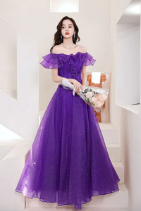 Off The Shoulder Purple Tulle Prom Dress, A Line Evening Dress With Applique KPP1806