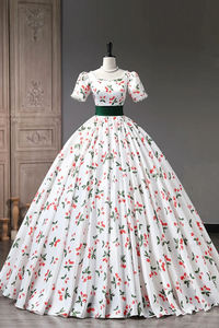 Cute Cherry Pattern Long Princess Prom Dress, White A Line Evening Party Dress KPP1807