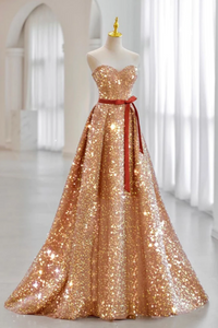 A Line Sweetheart Neck Velvet Sequin Champagne Gold Long Prom Dress KPP1808