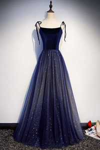 Dark Blue Starry Prom Dresses Spaghetti Strap Long Evening Dress KPP1809