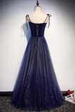 Dark Blue Starry Prom Dresses Spaghetti Strap Long Evening Dress KPP1809