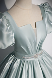 Cute Satin Floor Length Prom Dress, A Line Short Sleeve Evening Party Dress KPP1810