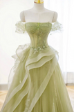 A Line Off Shoulder Tulle Lace Green Long Prom Dress, Green Lace Long Formal Dress KPP1811