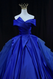 Off Shoulder Tulle Satin Blue Long Prom Gown, Blue Long Evening Dress KPP1812