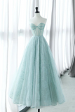 A Line Sweetheart Neck Tulle Lace Blue Long Prom Dress, Blue Long Formal Dress KPP1813