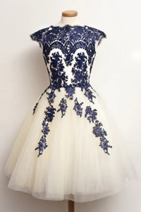 Round Neck Short White And Blue Lace Prom Dresses, Short Lace Homecoming Graduation Dress KPP1814