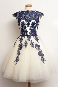 Round Neck Short White And Blue Lace Prom Dresses, Short Lace Homecomi kateprom Round Neck Short White And Blue Lace Prom Dresses, Short Lace Homecomi kateprom