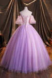 Purple Tulle Sequins Long Prom Dress, Beautiful Off the Shoulder Evening Party Dress KPP1816