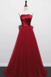 Strapless Burgundy Long Prom Dresses, Wine Red Long Formal Evening Dresses KPP1817
