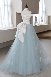 A Line Blue Tulle Lace Applique Long Prom Dress, Blue Long Formal Dress KPP1818