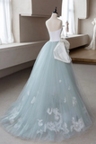A Line Blue Tulle Lace Applique Long Prom Dress, Blue Long Formal Dress KPP1818